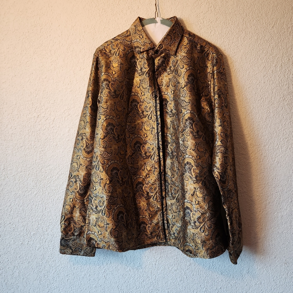 Barry Wang mens button up jacquard print gold brown silk Polyester sz large EUC